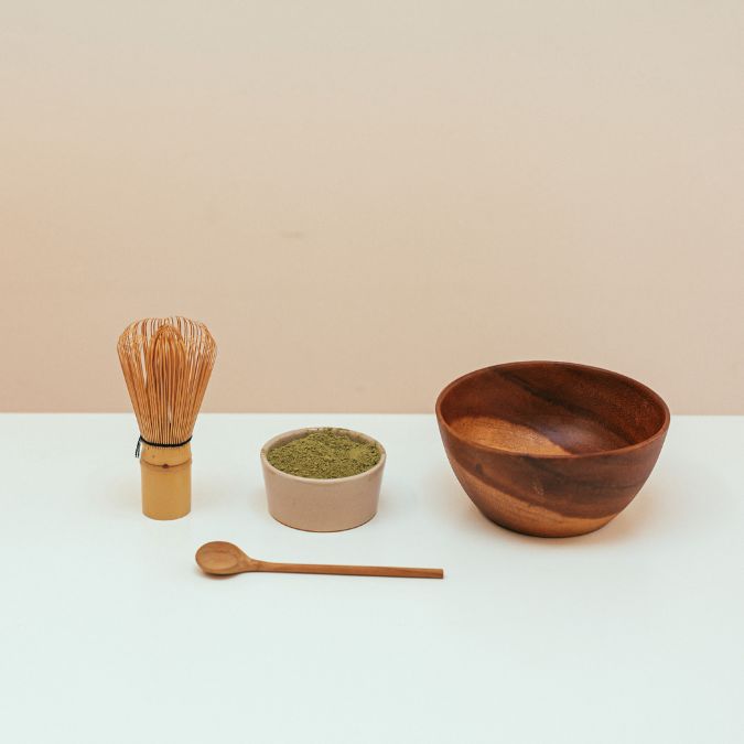 Cuenco de cerámica para ceremonia del té, cuchara de bambú para té